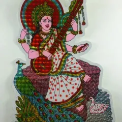 ヒンドゥー教の神様シール　インドのキラキラシール　サラスヴァティー　大判ステッカー