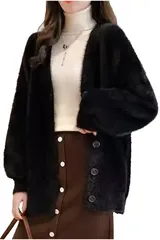 [ネコート] レディース カーディガン モヘヤ モヘア シャギーニット フェザー ボタン Vネック ボリュームスリーブ 秋冬 ブラック フリーサイズ [ブラック] [Free Size]