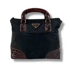 プラダ　PRADA  ミニトートバッグ　ハンドバッグ　トライアングルロゴ　クロコ型押し　テスートナイロン　ブラック　ブラウン