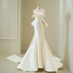 結婚式ドレス 披露宴 演奏会 イブニングドレス  パーティードレス  ロングドレス オフショルダー マーメイドドレス リボン ホワイト