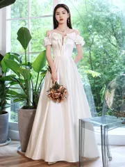 結婚式ドレス 披露宴 演奏会 イブニングドレス  パーティードレス  ロングドレス  オフショルダー  バックリボンタイプ Aライン ホワイト
