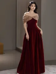 結婚式ドレス 披露宴 演奏会 イブニングドレス  パーティードレス  オフショルダー  Aライン キラキラ レッド