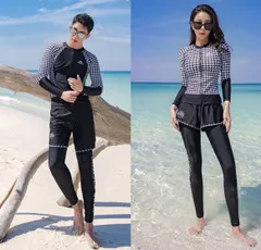 ラッシュガード メンズ 3点セット/レディース 5点セット 千鳥柄 かわいい ホワイト ブラック 水着 日よけ UVケア サーフィン マリンスポーツ ランニング ヨガ スポーツウェア