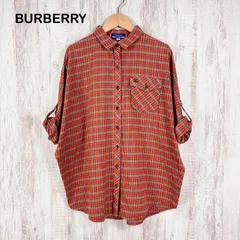 美品 BURBERRY BLUE LABEL バーバリーブルーレーベル ホースロゴ刺繡 チェック ドルマンスリーブ 2way ネルシャツ オレンジ レディース トップス
