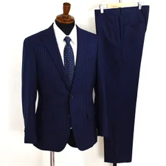 Mr.JUNKO 2パンツ 2つボタン シングルスーツ M A5 ダークネイビー ストライプ ノータック 本切羽 YMJK71000-23 合物 春秋 6XB109 【送料無料】【中古】【メンズビジネス】202602