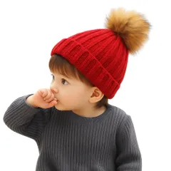 [Capprecier] 子供用 ニット帽 ポンポン付き ビーニー 帽子 キッズ 冬用 防寒 あったか かわいい 女の子 男の子 ウール 厚手 折り返し リブ編み プレゼント 5色展開 (JP, 年齢, 4 Years, レッド [レッド] [4 Years]