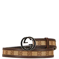 グッチ GGキャンバス インターロッキングG ベルト 80.32 ベージュ ブラウン キャンバス レザー レディース GUCCI【1-0221779】