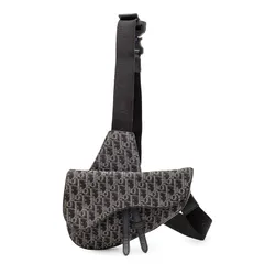 ディオール オブリーク  サドル 斜め掛け ショルダーバッグ ネイビー グレー ブラック キャンバス レザー レディース Dior【1-0252740】