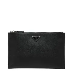 プラダ 三角ロゴプレート クラッチバッグ セカンドバッグ ポーチ ブラック サフィアーノレザー メンズ PRADA【1-0258294】