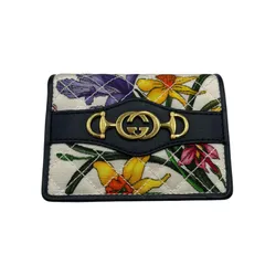★ グッチ GUCCI 二つ折り財布 フローラ 花柄 キルティング ミニウォレット レザー ネイビー レディース