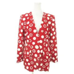 イヴサンローラン YVES SAINT LAURENT ヴィンテージ ノーカラー ジャケット Vカット ジャガード ドット リーフ柄 総柄 M 赤 レッド /AO10 ■GY18