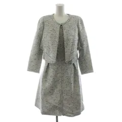 ルネ Rene TISSUE社製 セットアップ ノーカラージャケット ジップアップ ワンピース ひざ丈 ノースリーブ ツイード 34 紺 ネイビー 6813340 6816600 /AN50