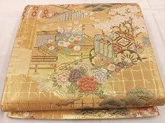 平和屋着物▼六通柄袋帯　唐織　御所車花文　金糸　正絹　逸品　BAAW6742mz