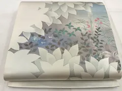 平和屋着物▼太鼓柄袋帯　手描き　草花文　引箔　正絹　逸品　BAAW6754mz