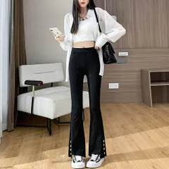 デニムパンツ ジーパン レディース スキニー ストレッチ フレアパンツ ロングパンツ ハイウエスト 切りっぱなし 黒 韓国 ストリート おしゃれ スリム 脚長 美脚 着やせ ボトムス ゴールドボタン