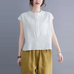 ブラウス 綿麻風 レディース 半袖 フレンチスリーブ プルオーバー トップス カジュアル シャツ ベーシック ゆったり 通勤 無地 薄手 シンプル 上品 着回し コットンリネン 30代 40代 50代 春 夏