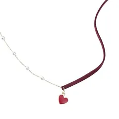 【新品】 AIKS 赤 チョーカー レディース レザー レッド ゴールド パール 心ペンダントネックレス ハート パールチェーンチョーカー パンク ロック 首輪 ファッション アクセサリー サイズ調整可能 1