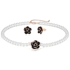 【新品】 [Aleasha] ブラック 薔薇 真珠 ネックレス ピアス セット おしゃれ 7mm 貝パール チョーカー 40cm レディース 冠婚葬祭 ジュエリー プレゼント (ローズゴールド) 1