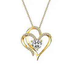 【新品】 MIKAMU ネックレス レディース ハート ダイヤモンドCZ シルバー925 純銀製 人気 ダブルハート タグ ペンダント バレンタインギフト・誕生日・記念日・母の日プレゼント (ゴールド) 0