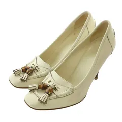 グッチ GUCCI バンブー パンプス レザー スクエアトゥ ハイヒール タッセル 37.5 24.5cm 白 ホワイト /XZ ■GY03