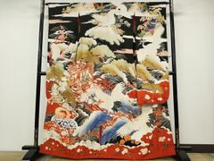 アンティーク 引き振袖 丸帯 2点セット 身丈172cm 飛び鶴 亀 御殿 
