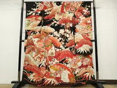 平和屋本店●アンティーク　大正ロマン　振袖　刺繍　檜扇鳳凰草花文　金彩　正絹　逸品　CABE6991ut