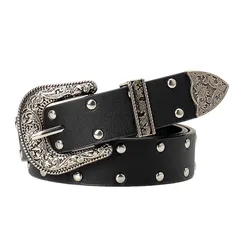 【新品】 [Lamerry] スタッズベルト ウエスタンベルト レザーベルト バックル y2k ベルト カジュアル アメカジ リベット PUレザー 105cm 黒 メンズ レディース ブラック 1