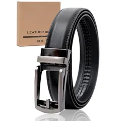 【新品】 [BEEL] ベール ベルト メンズ 牛革 オートロック式ベルト レザー 紳士 穴無し 大きいサイズ ビジネス スーツ 学生 スクール カジュアル 箱入り ギフト 【バックルタイプ：シンプル】 プレーン ブラック 1