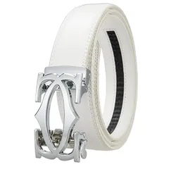 【新品】 [APAGAI] 無段階調整ベルト メンズベルト スマートバックルベルト 紳士 ビジネス カジュアル 本革 穴なし シンプル オートロック式 ジーンズ ロゴバックル 大きいサイズ 長め 結婚式 海外旅行 (バックルシルバー、帯ホワイト) 0