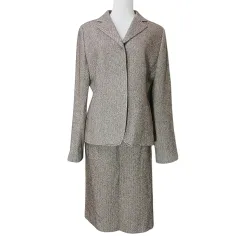 コムサデモード COMME CA DU MODE 美品 セットアップ スーツ ヘリンボーン シルク ウール ジャケット スカート ひざ丈 タイト S M 茶 ブラウン ■GY99 X