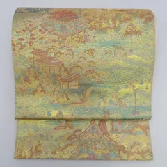 袋帯 風景文様 金色ｘ緑色ｘ薄赤色 ゴールド系 金糸 六通柄 正絹 フォーマル向け 仕立て上がり 着物帯 長さ448cm