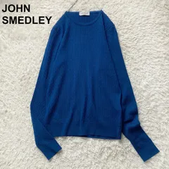 美品 洗える ジョンスメドレー JOHN SMEDLEY ケーブル編み クルーネック 薄手 ニット セーター 希少 英国製 ブルー 青 レディース Mサイズ カシミヤ級 上質 ウール100% イギリス製 通勤 通学 高級ニット