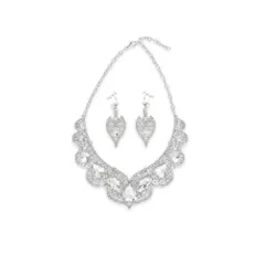 [ＫＫ　Ｓｏｌｉｓ] ネックレス イヤリング セット ゴージャス 社交 競技 ベリーダンス 結婚式 発表会 演奏会 舞台 衣装 レディース アクセサリー 孔雀モチーフ クリスタルガラス 《彩翼 -Saiyoku-》 (シルバー, イヤリングセット [シルバー]