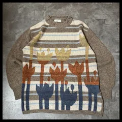 総柄ニット LL ブラウン ボーダー デザイン ウール混 レトロ 大きいサイズ 古着