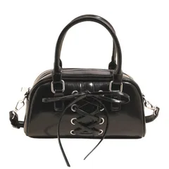 [ハルジオ] ミニボストンバッグ レディース ショルダー ミニ ボストン バック ショルダーバッグ ハンドバッグ 2WAY 小さめ 肩掛け 斜めがけ 横長ボストン 幅広 韓国 トレンド リボン レザー調 かばん 鞄 おしゃれ かわいい 人気 (ブ [ブラック]