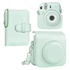 【特価セール】チェキケース instax mini 12ケースFujifilm チェキ12ケース と28枚写真入れアルバム付き２点セット fujifilm instax mini12 ケース ショルダーストラップ付き PUレザー - グリーン