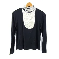 ハナエモリ カットソー シャツ トップス ドッキング フリルブラウス レディース Lサイズ 紺×白 HANAE MORI 森英恵 【中古】のサムネイル