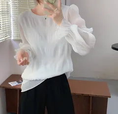 【ホワイト】ブラウス レディース 長袖 きれいめ フレア袖 プリーツ シフォン 通勤 オフィス 上品 春 秋