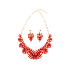 [ＫＫ　Ｓｏｌｉｓ] ネックレス ピアスセット ゴージャス 社交 競技 ベリーダンス 結婚式 発表会 演奏会 舞台 衣装 レディース アクセサリー 孔雀モチーフ クリスタルガラス 《彩翼 -Saiyoku-》 (レッドピアスセット [レッド]