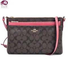 COACH コーチ F58316 シグネチャー クロスボディ ショルダーバッグ レザーポーチ付き PVCコーティングキャンバス レザー ブラウン/ピンク系カラー ショルダー約120~130㎝