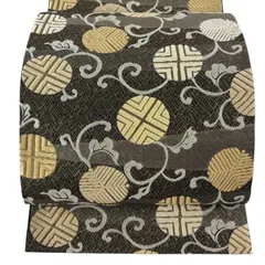 袋帯 名品 花唐草 刺繍 金糸 黒 六通 正絹 【中古】