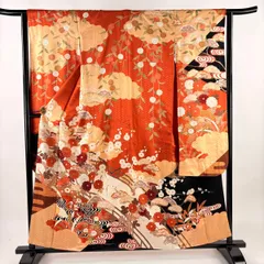 振袖 身丈157cm 裄丈62cm S 袷 吾妻徳穂 ますいわ屋 落款 菊 橋 金糸 金彩 オレンジ 正絹 名品 【中古】