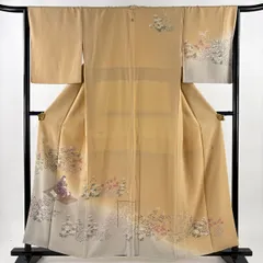 訪問着 身丈158.5cm 裄丈65cm M 袷 田村哲彦 落款 女人 秋草 ぼかし 薄茶色 正絹 名品 一つ紋 【中古】