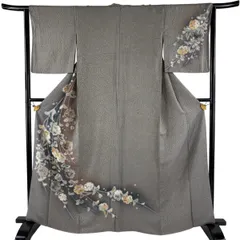 訪問着 身丈162cm 裄丈64cm M 袷 辻が花 金銀彩 染め分け 灰色 正絹 秀品 【中古】