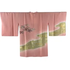 【美品】 道行 身丈87cm 裄丈64cm M 和装コート 角衿 葉と実 霞 金彩 ぼかし ピンク 正絹 秀品 【中古】