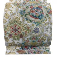 袋帯 秀品 遣宝菱映文 関西仕立て 向かい鳥 華文 金銀糸 唐織 クリーム 六通 正絹 【中古】