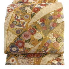袋帯 秀品 鶴 草花 唐織 金糸 金色 六通 正絹 【中古】