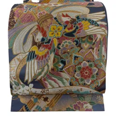 【美品】 袋帯 秀品 振袖向き 草花 楽器 金糸 箔 青灰色 六通 正絹 【中古】