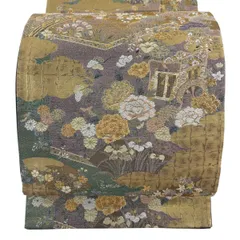 【美品】 袋帯 秀品 御所車 草花 金銀糸 刺繍 灰紫 六通 正絹 【中古】