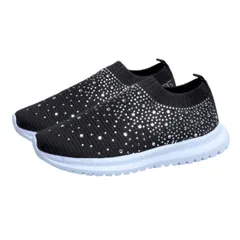 [DeerLuxe] ラインストーン スニーカー レディース スリッポン 厚底 4cm キラキラ 疲れない 軽量 ウォーキングシューズ ニット 蒸れない カジュアル 普段使い おしゃれ (A.ブラック, 23.0 cm) [A.ブラック] [23.0 cm]